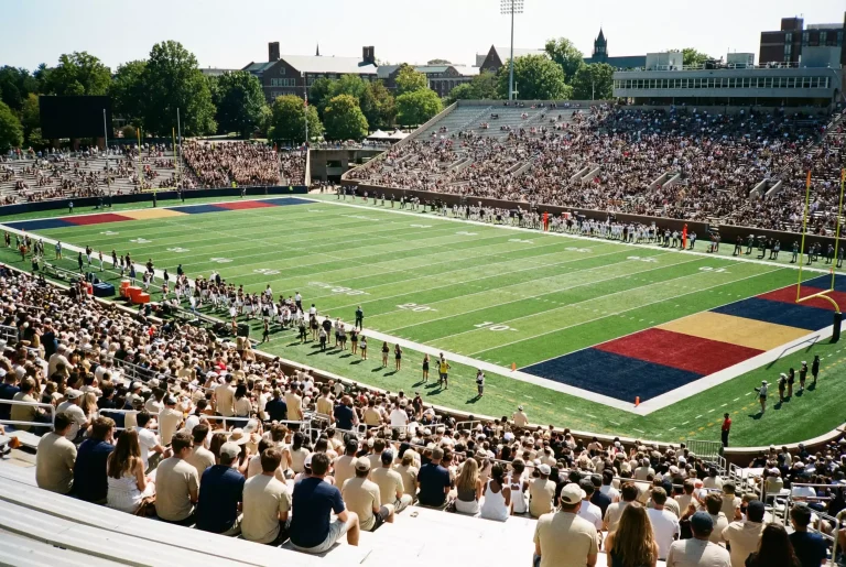 College-Football-Stadion mit Fans und Spielfeld bei Tageslicht