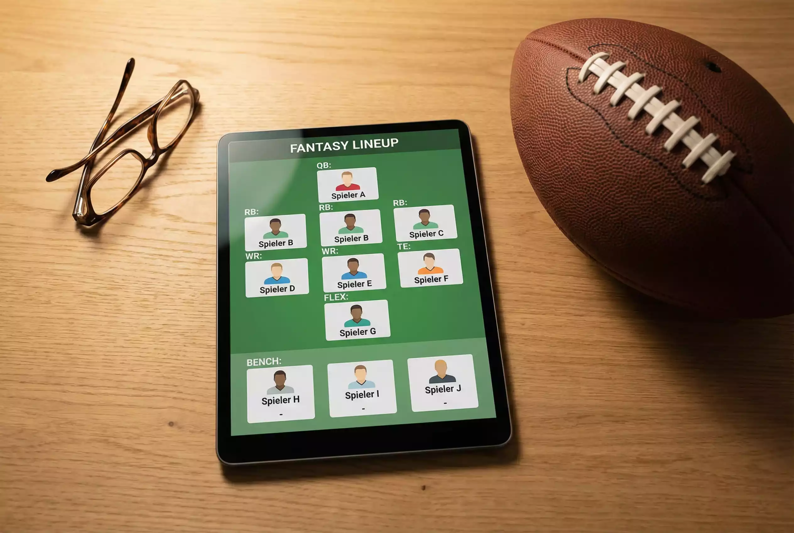 Tablet mit Fantasy-Football-Aufstellung neben einem American Football