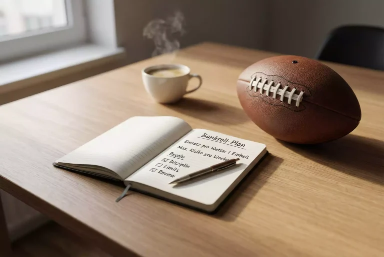 Notizbuch mit Stift auf einem Schreibtisch neben einem American Football