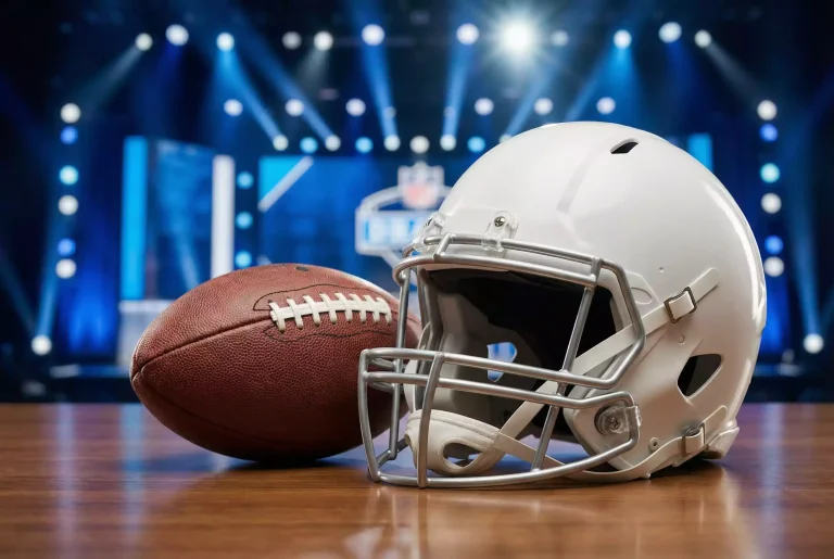 American Football und Helm auf einem Tisch als Symbol für den NFL Draft