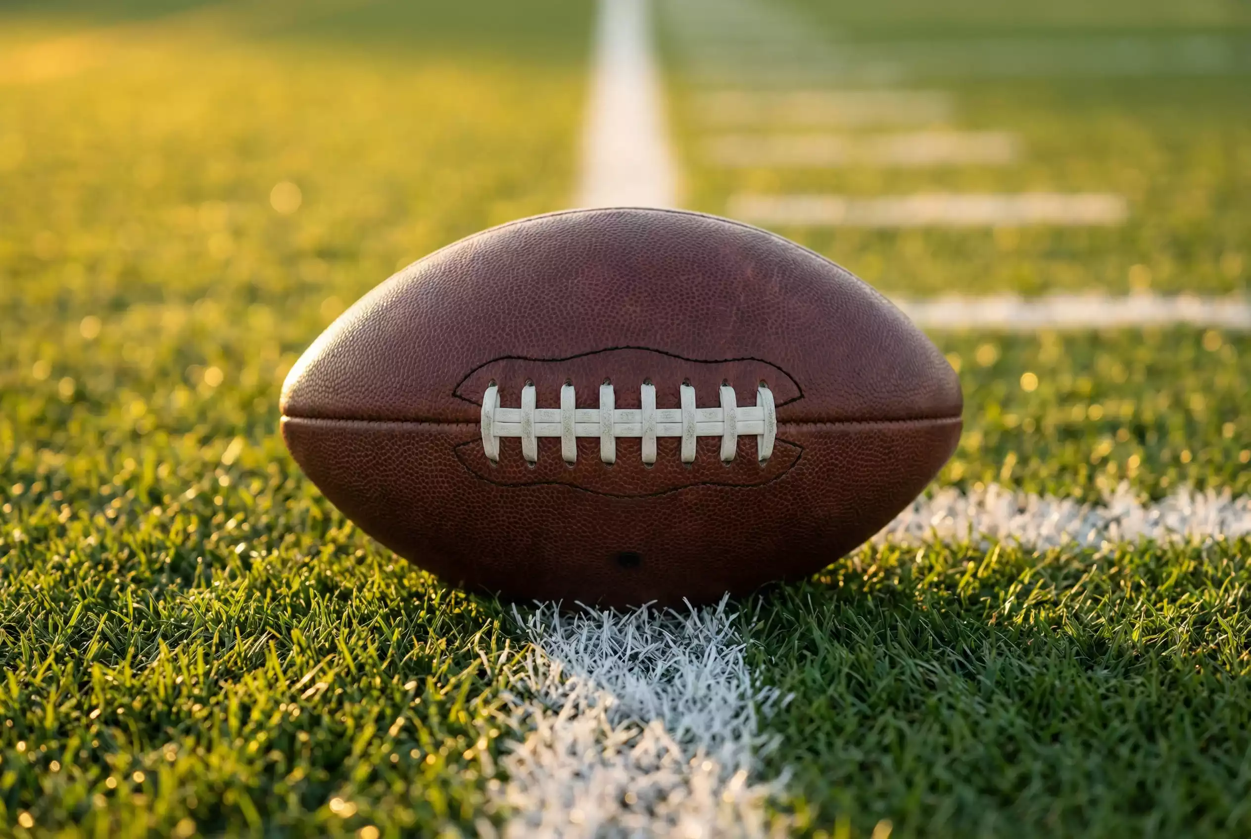 Detailaufnahme eines American Football auf dem Rasen mit Yard-Linien