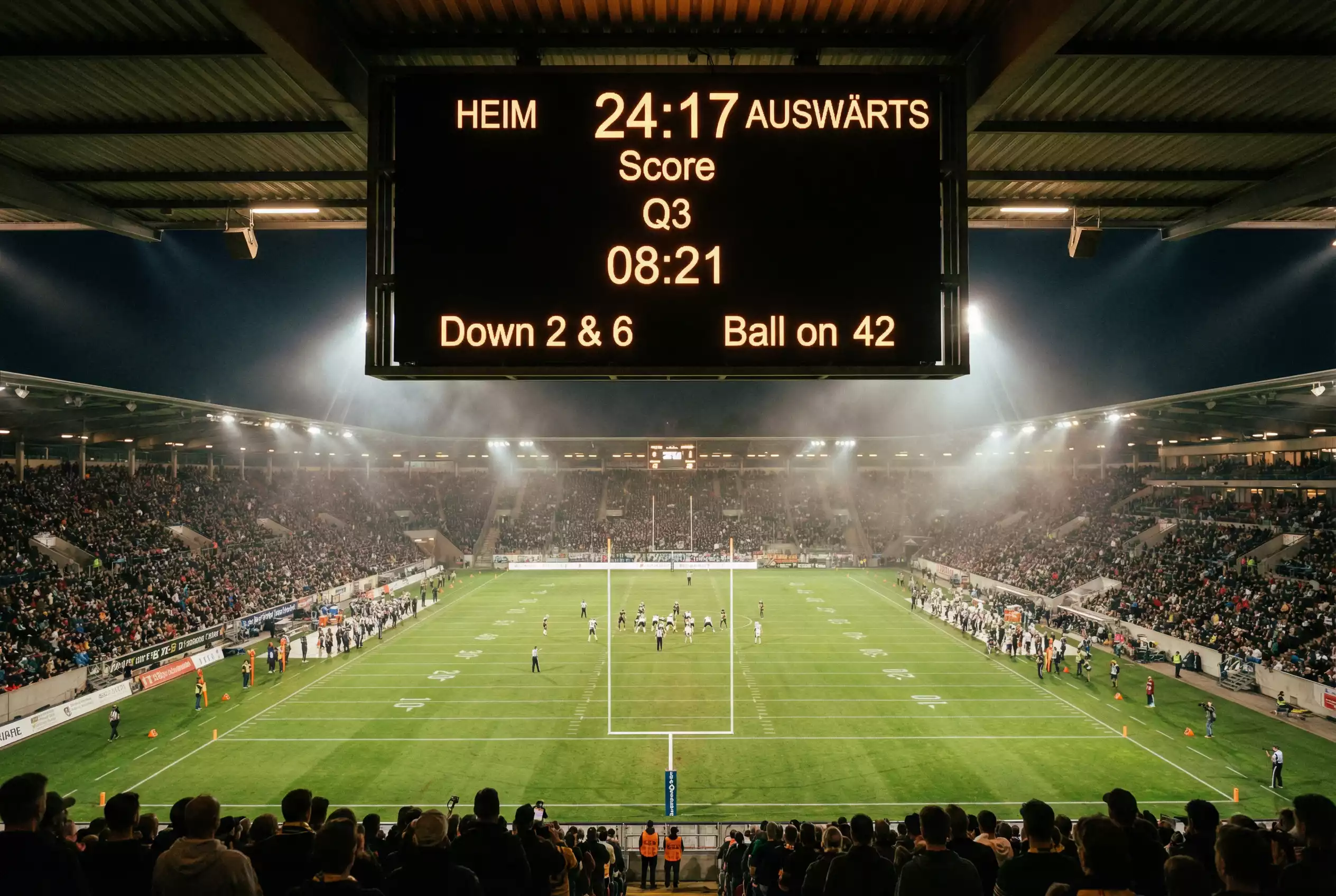 NFL-Anzeigetafel mit Punktestand im Stadion bei Flutlicht