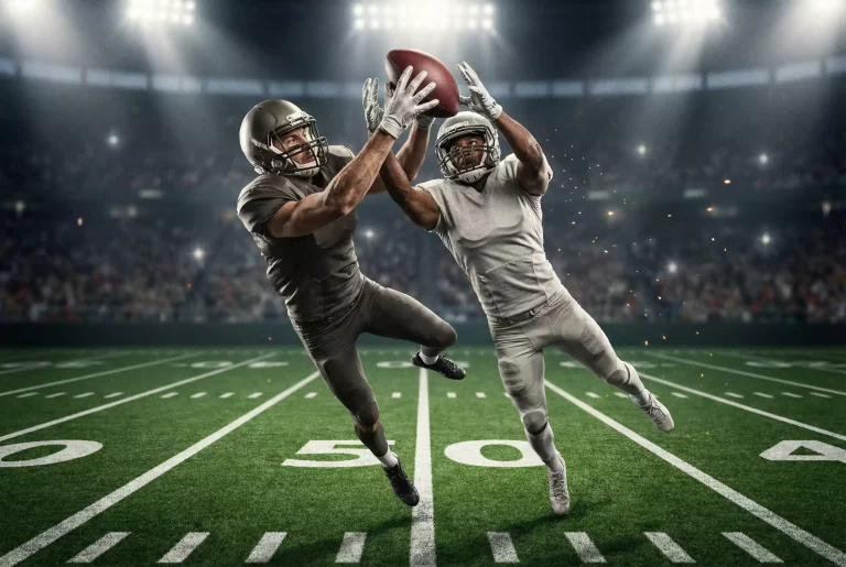 Intensives American-Football-Duell zwischen zwei Spielern im Flutlicht