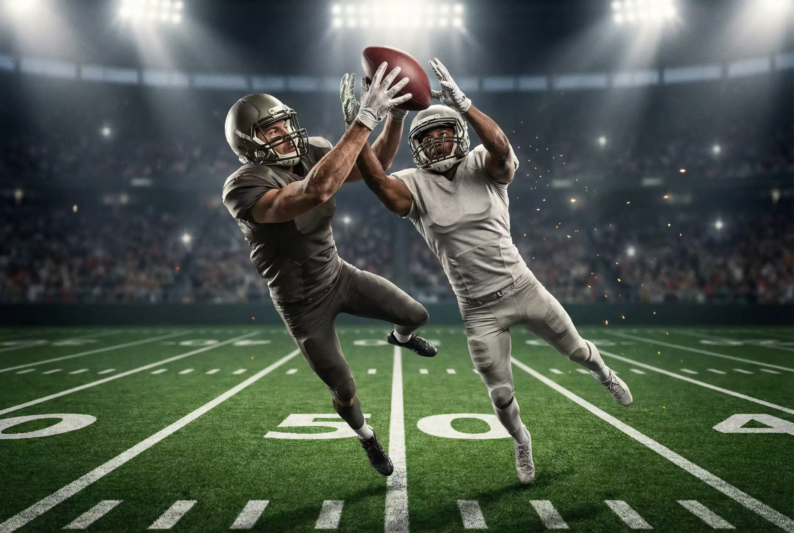 Intensives American-Football-Duell zwischen zwei Spielern im Flutlicht