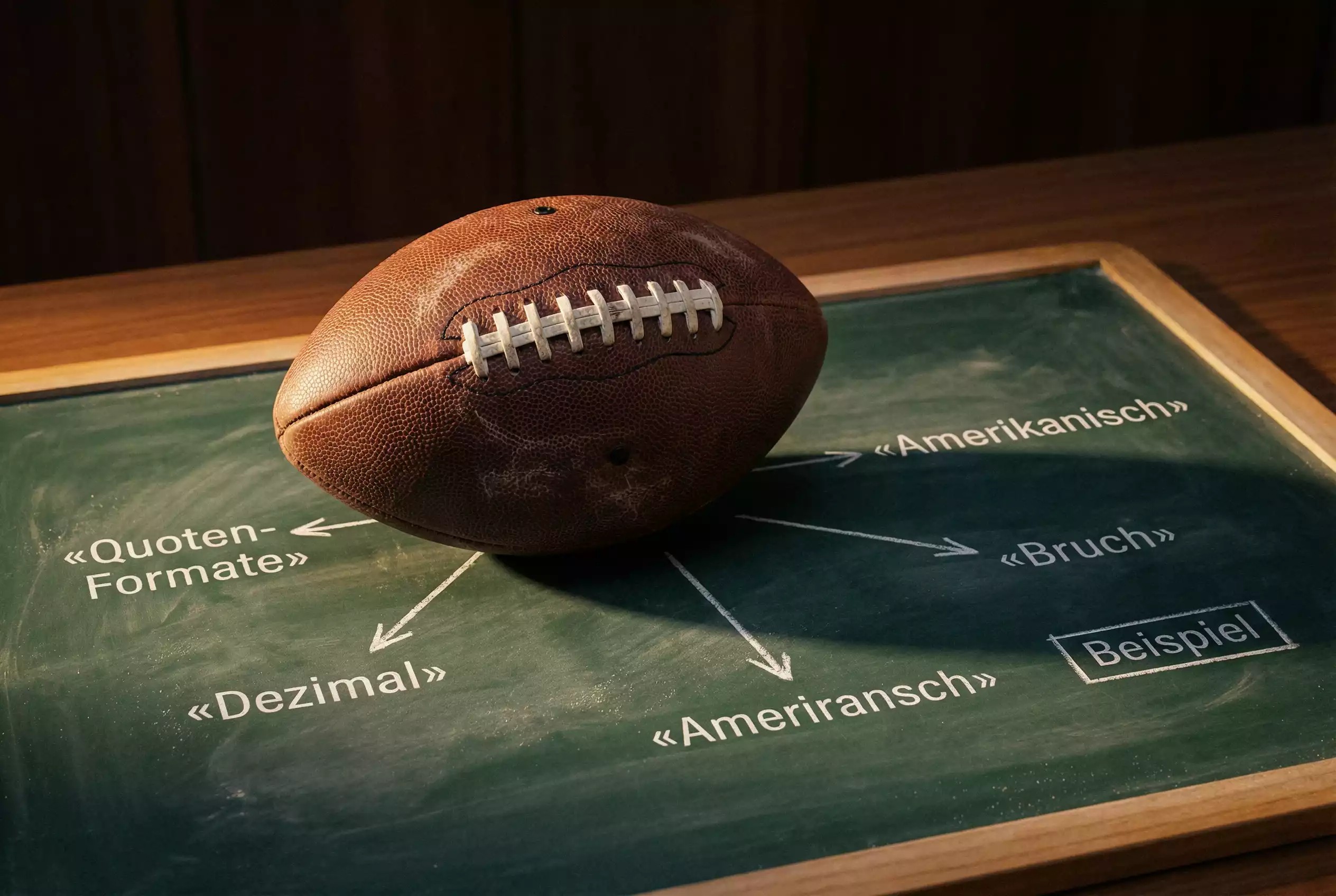 Nahaufnahme eines American Football mit Kreidezeichnungen auf einer Tafel