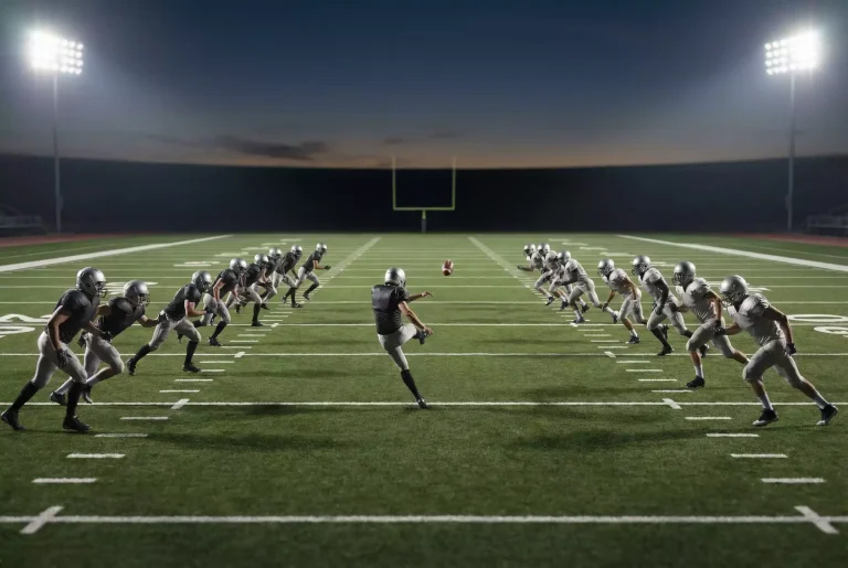 NFL-Spielfeld mit Spielern beim Kickoff zu Beginn einer Partie