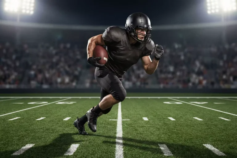 American-Football-Spieler mit Ball unter dem Arm läuft über das Feld