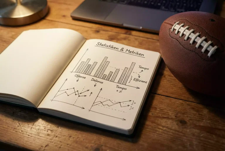 Aufgeschlagenes Notizbuch mit Diagrammen neben einem American Football