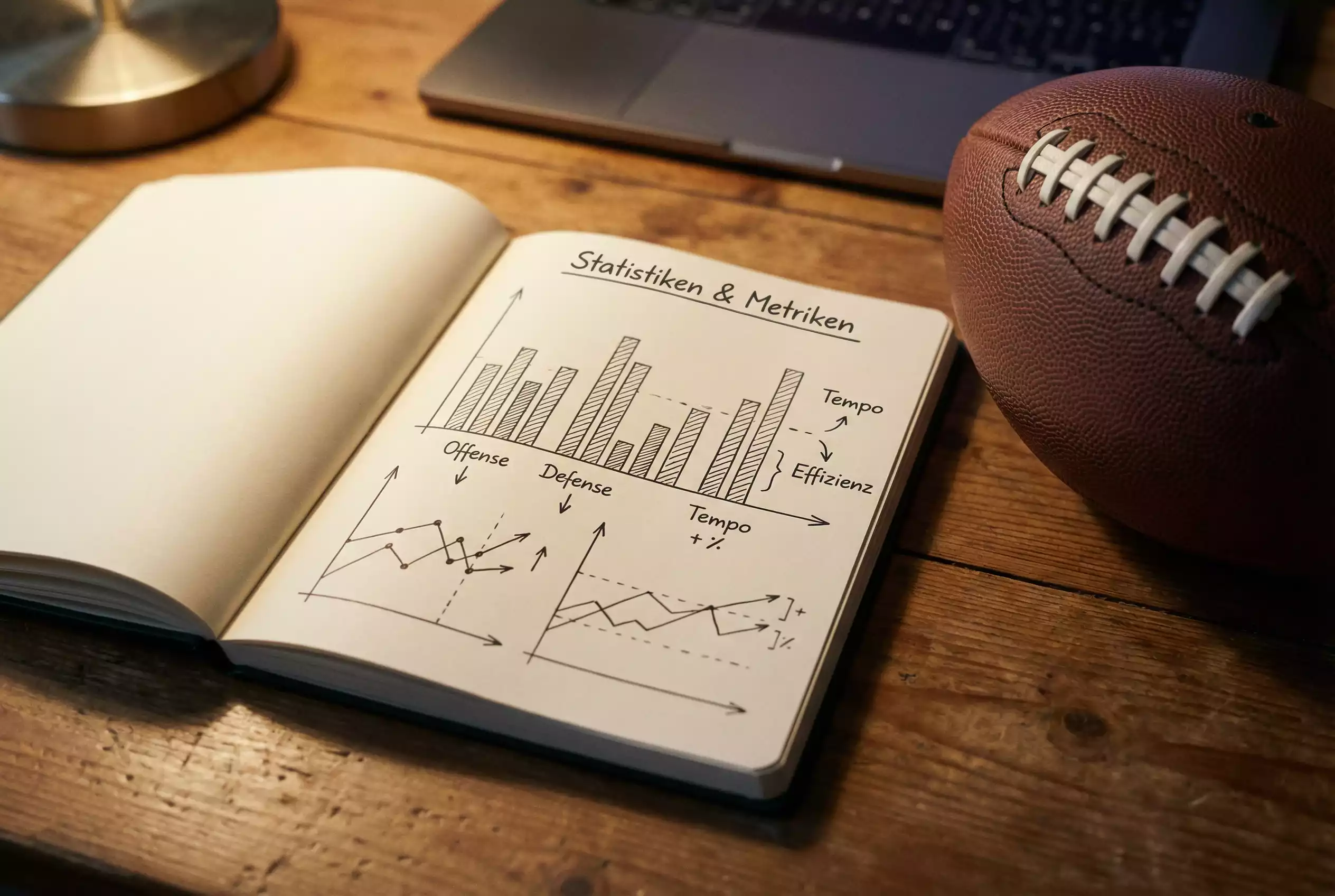 Aufgeschlagenes Notizbuch mit Diagrammen neben einem American Football