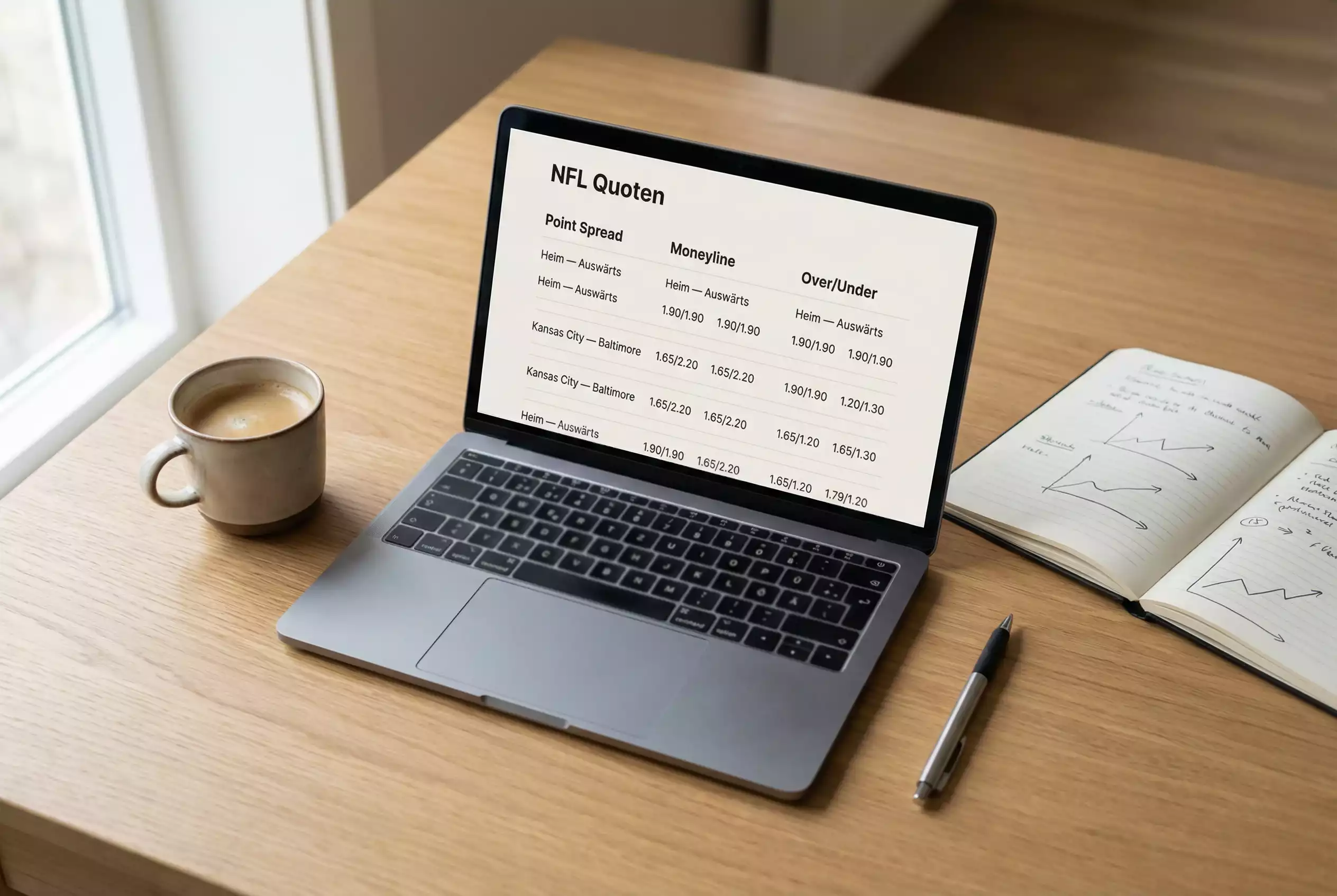 NFL Wettarten — Nahaufnahme eines Laptops mit geöffneter Sportwetten-Plattform