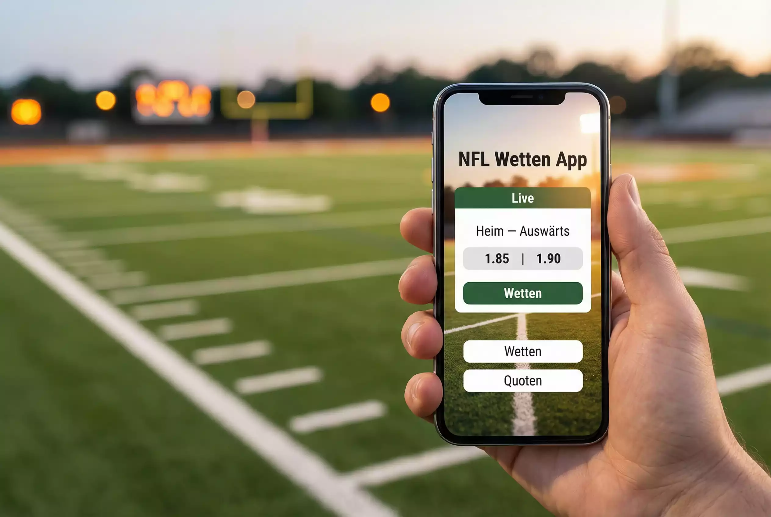 Hand hält Smartphone mit unscharfer Sport-App vor einem Footballfeld