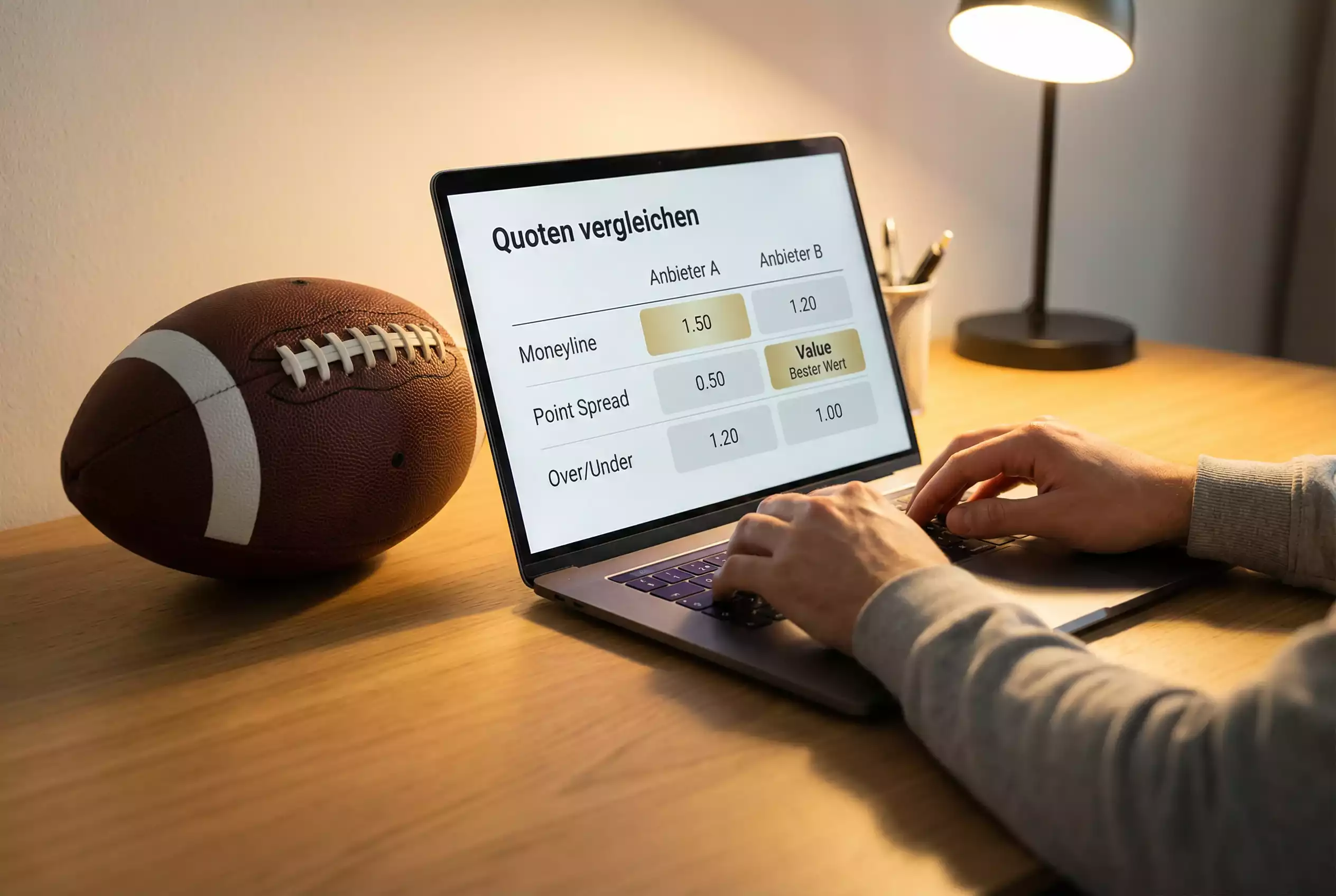 Person analysiert Football-Daten am Laptop neben einem Football