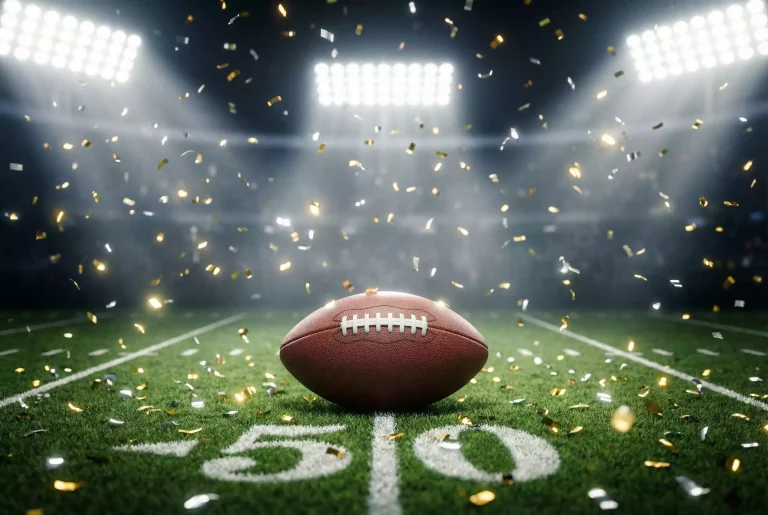 American Football auf dem Spielfeld mit Konfetti beim Super Bowl