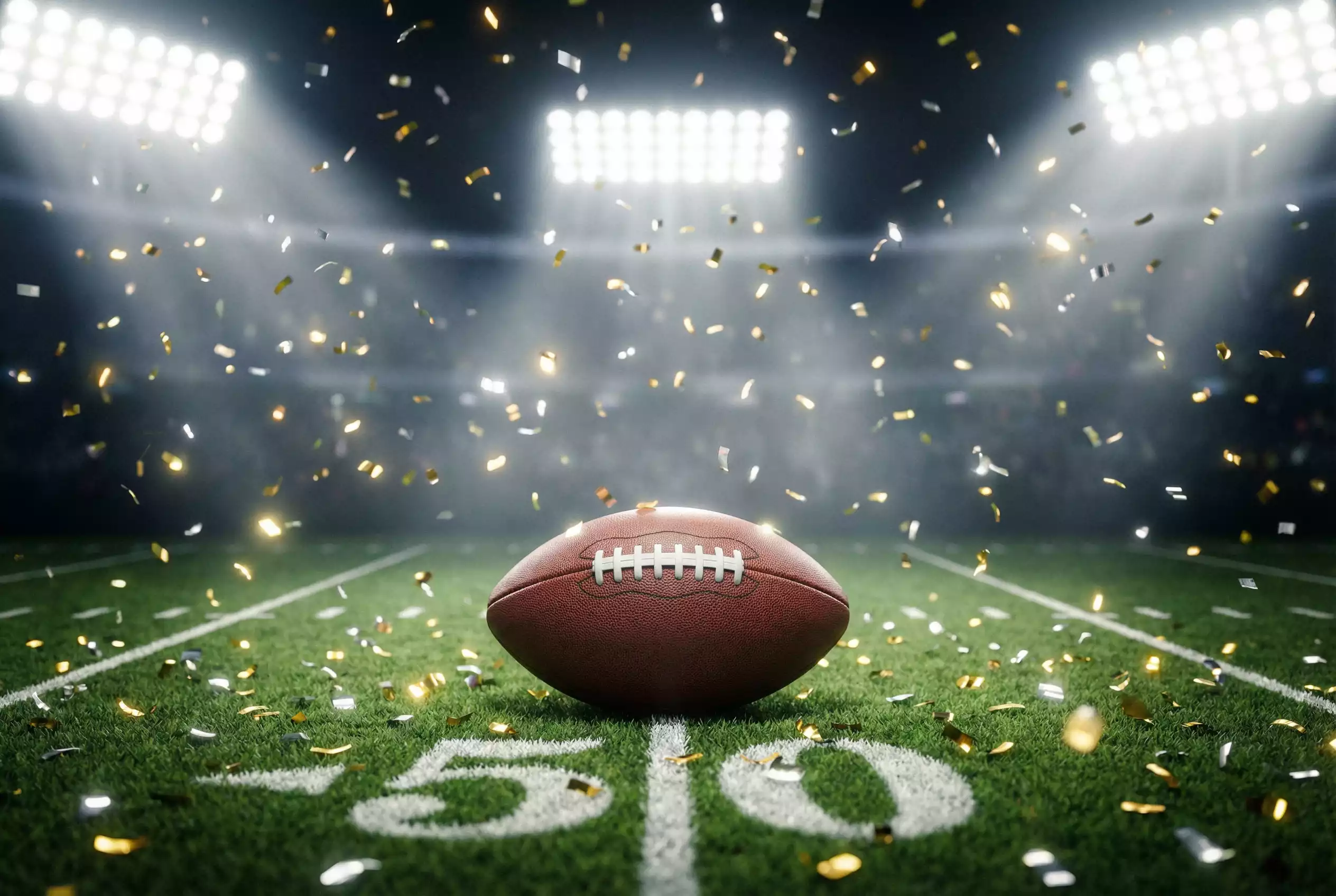 American Football auf dem Spielfeld mit Konfetti beim Super Bowl