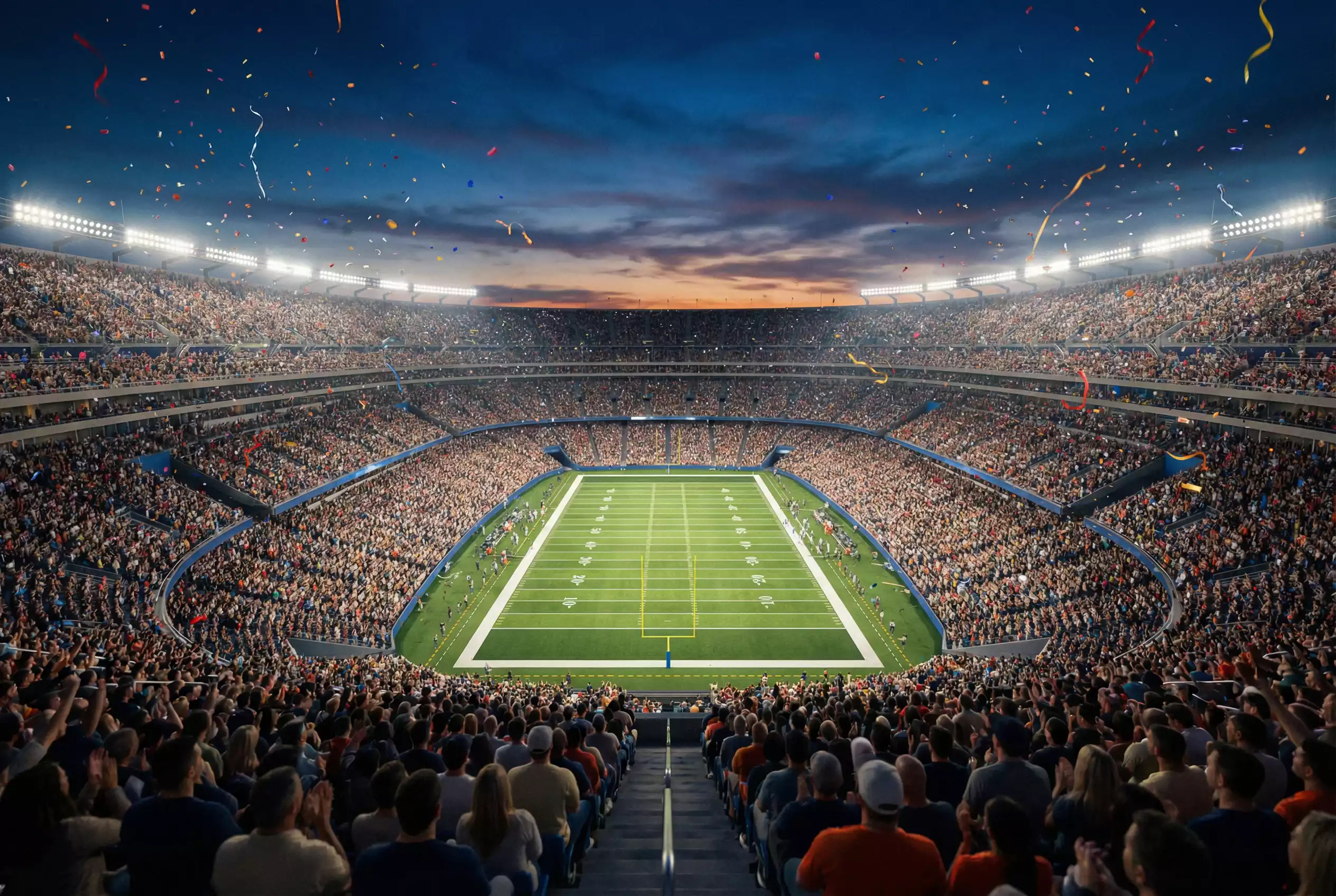 Super Bowl Wetten — ausverkauftes NFL-Stadion mit Feuerwerk bei der Eröffnungszeremonie