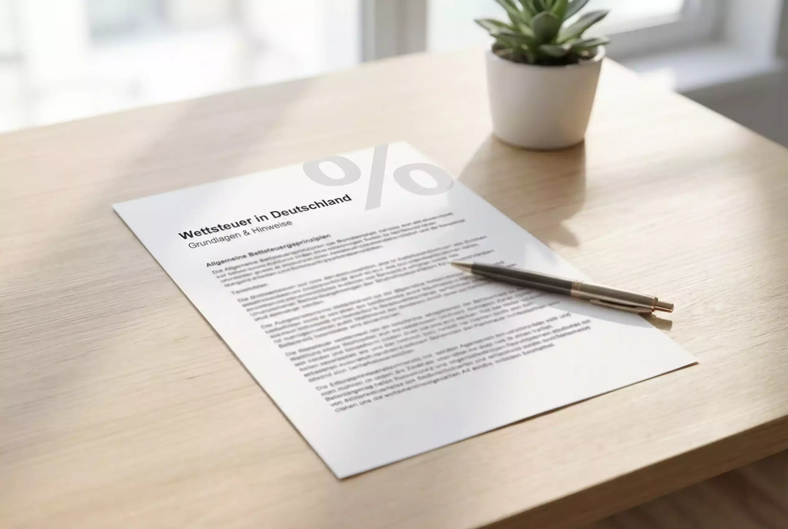 Dokument mit Prozentzeichen und Stift auf einem Schreibtisch